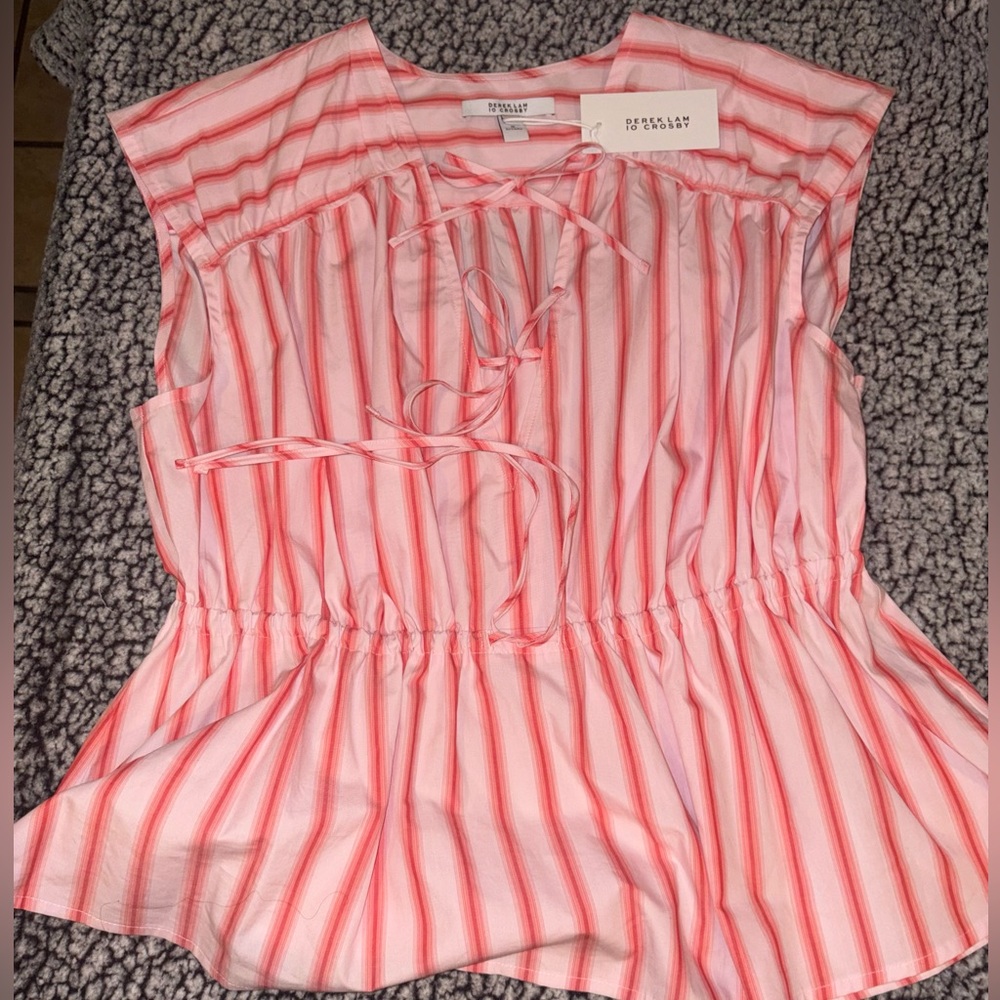 10 Crosby Derek Lam Pink Striped Drawstring Blouse - Picture 3 of 6